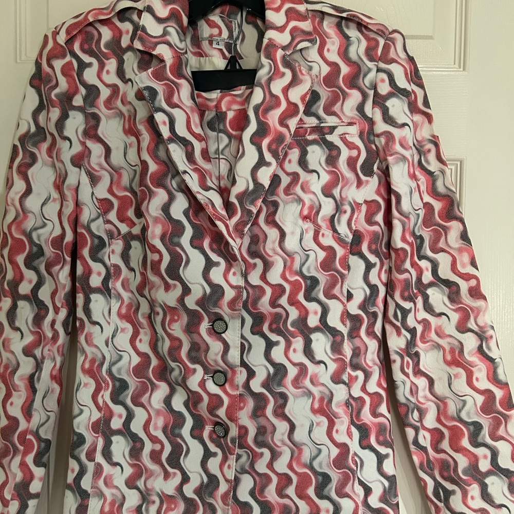 Pink, Geometric Pattern, Tailored Fit Blazer and a skirt
